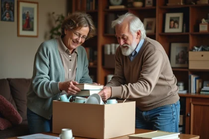 Femme et homme &acirc;g&eacute; triant des objets pour donation dans un salon chaleureux