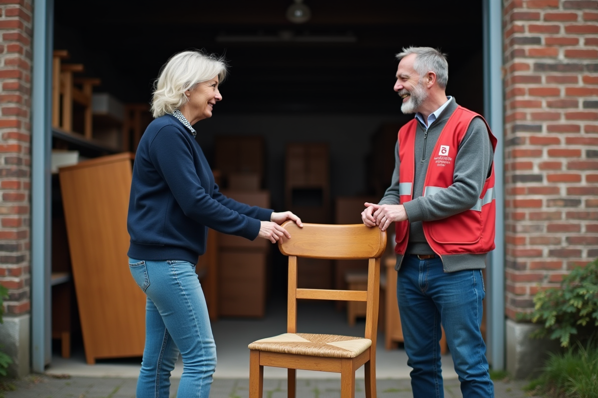 Femme et homme échangeant une chaise en bois vintage