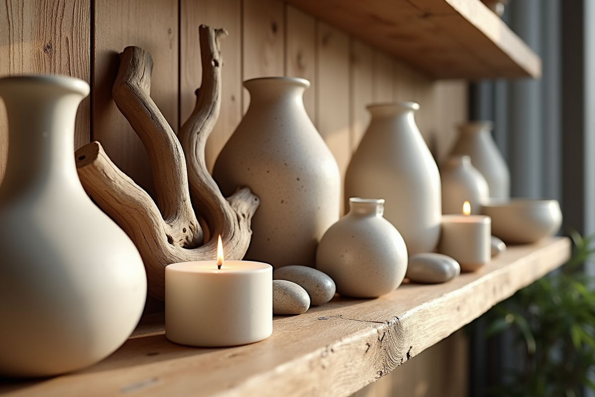 Détails de bois flotté et vases en céramique sur une étagère en bois