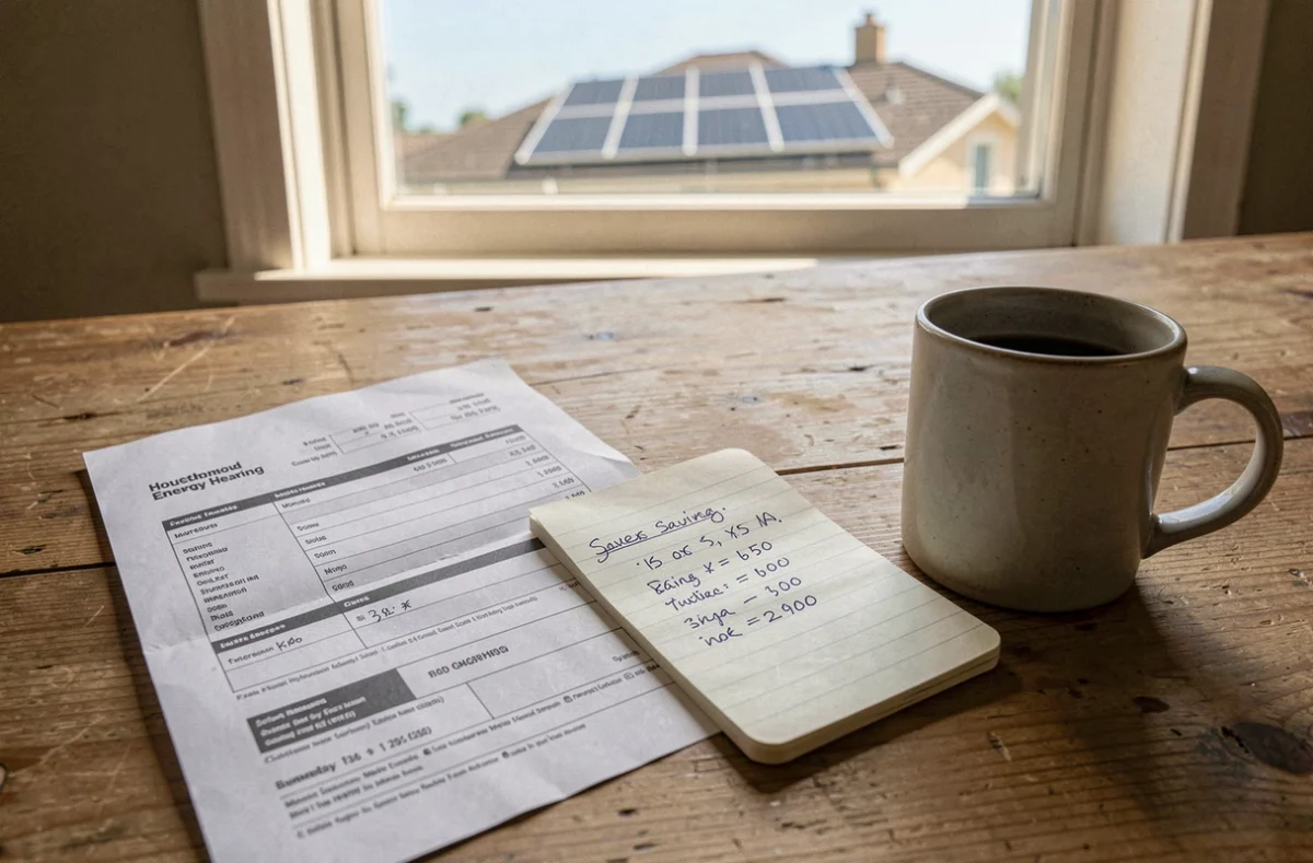 Facture d'énergie et calculs d'économies sur une table en bois avec des panneaux solaires visibles en arrière-plan