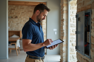 Électricien vérifiant un plan numérique dans une maison rénovée