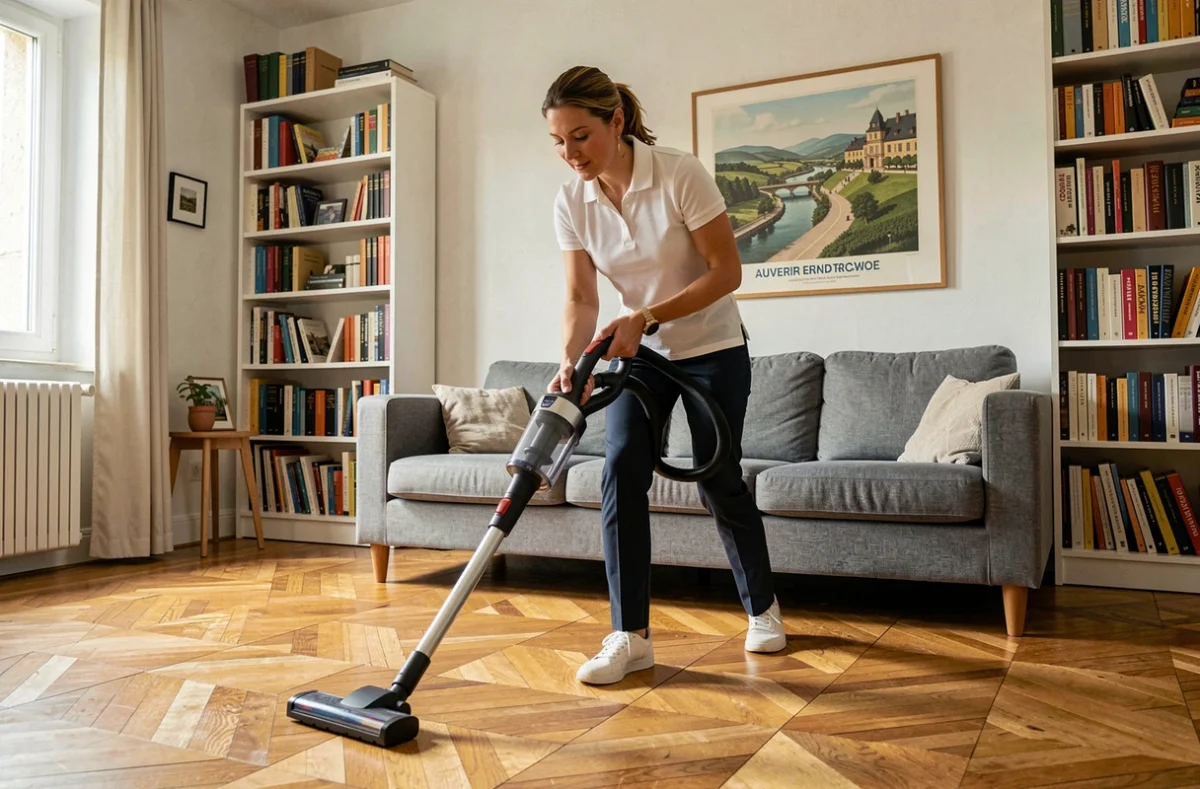 Employée de ménage passant l'aspirateur dans un salon français typique avec parquet et mobilier en lin gris