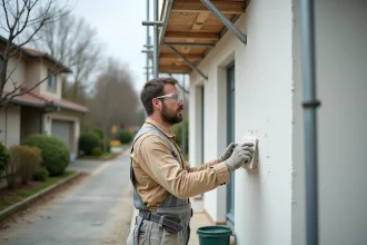 Ouvrier appliquant un enduit extérieur sur des panneaux de polystyrène lors de la rénovation d'une maison pavillonnaire