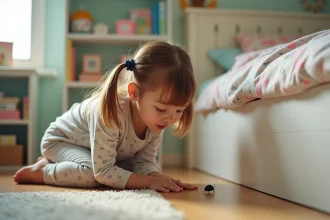 Petite fille curieuse examine un insecte noir dans sa chambre