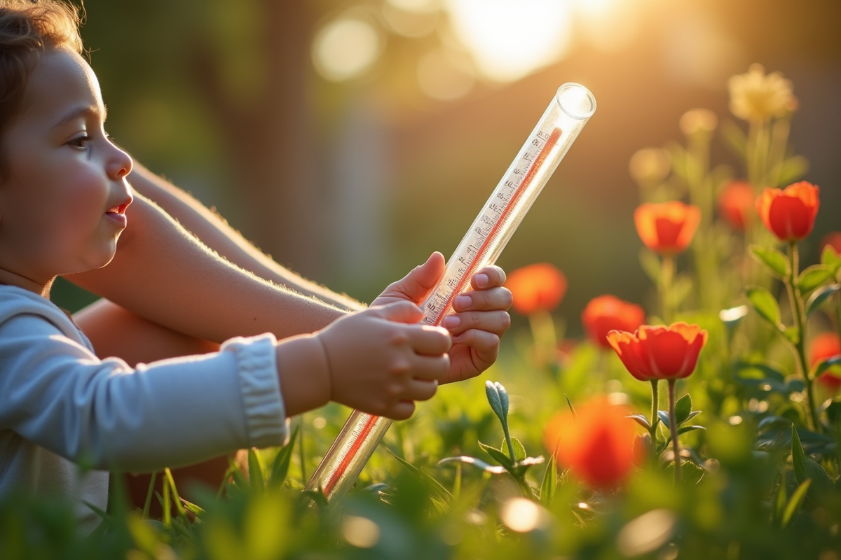 Enfant et parent assemblant un thermomètre dans le jardin ensoleille