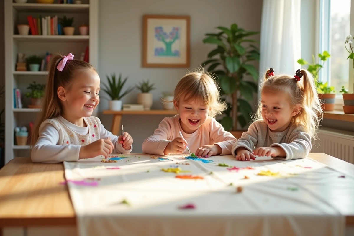 Enfants en train de peindre et manger à une table propre et moderne