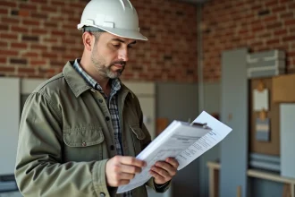 Entrepreneur en bâtiment examinant des devis de rénovation sur un chantier de cuisine en travaux