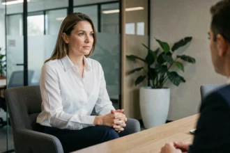 Femme candidate à un entretien d'embauche pour un poste de femme de ménage, assise face à un recruteur dans un bureau moderne