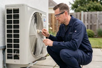 Technicien entretenant l'unité extérieure d'une pompe à chaleur air air sur une façade résidentielle