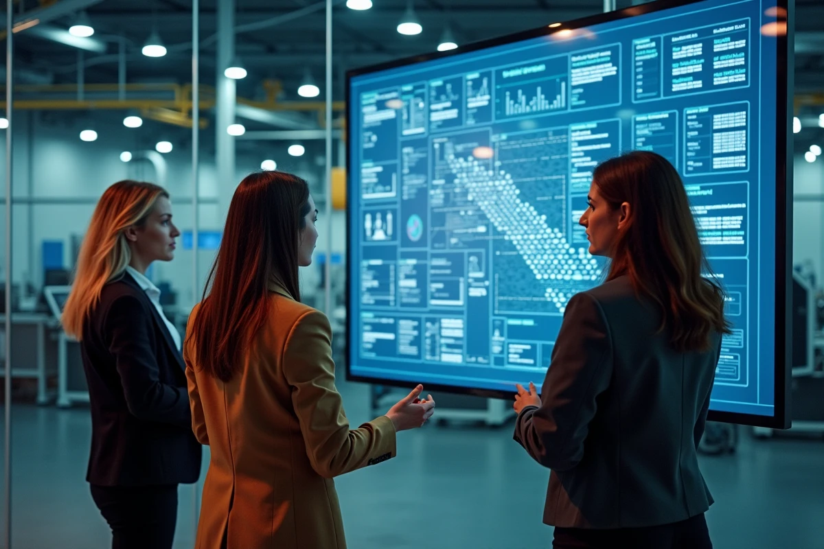 Equipe d experts IT discutant devant schéma industriel