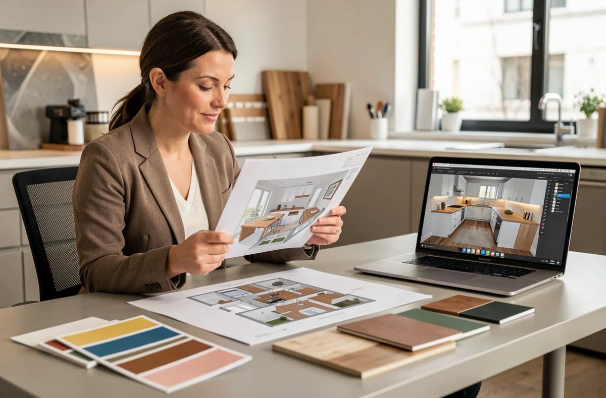 Conseillère d'Équiper Sa Cuisine étudiant un plan de cuisine sur mesure avec des échantillons de matériaux sur son bureau