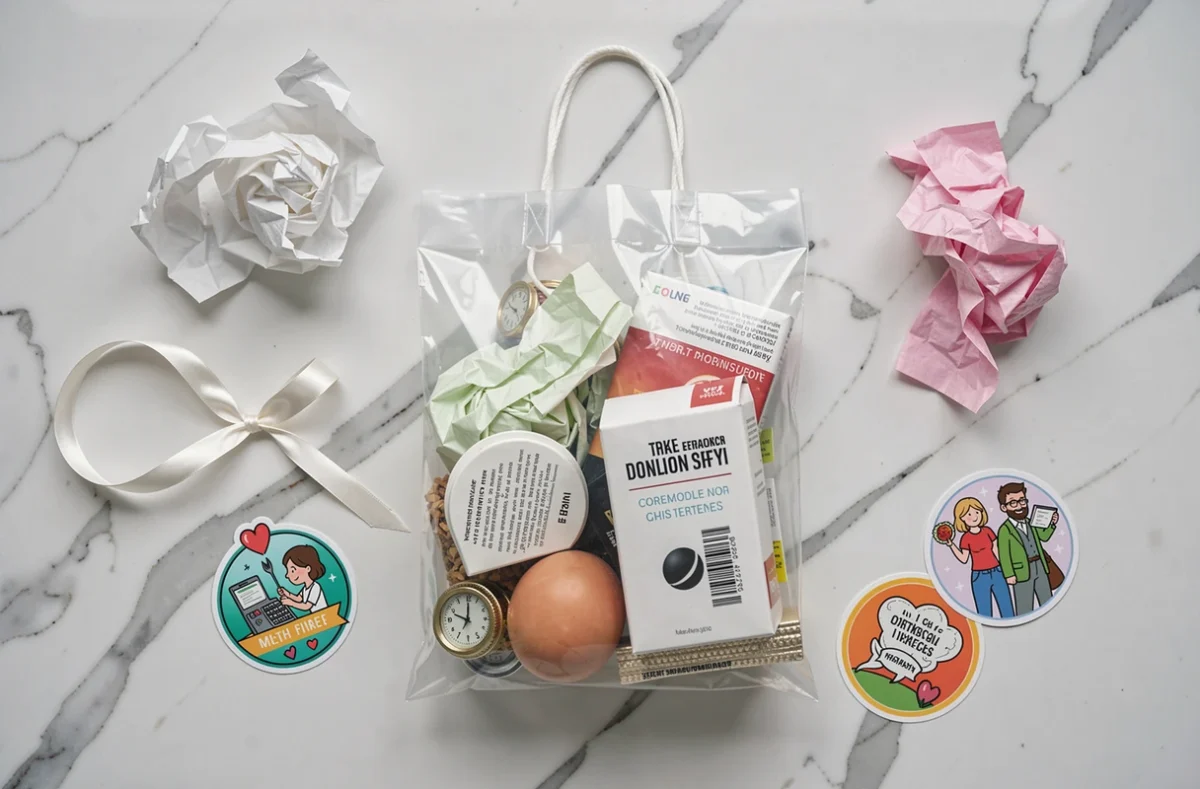 Vue de dessus d'un sac cadeau transparent mal rempli avec erreurs de présentation courantes sur marbre blanc