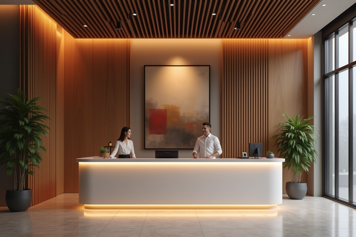 Espace de reception élégant avec bureau et réceptionniste souriante