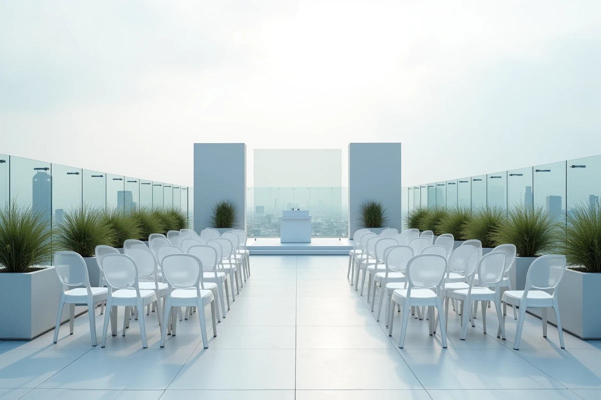 Espace rooftop vide et élégamment aménagé pour un séminaire d'entreprise avec vue panoramique sur la ville
