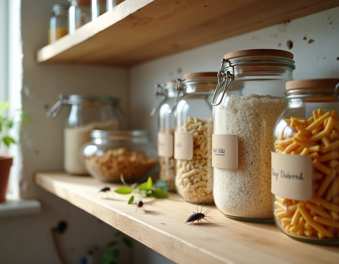 Étagère de cuisine avec bocaux hermétiques et poisson d'argent pour illustrer la prévention des nuisibles