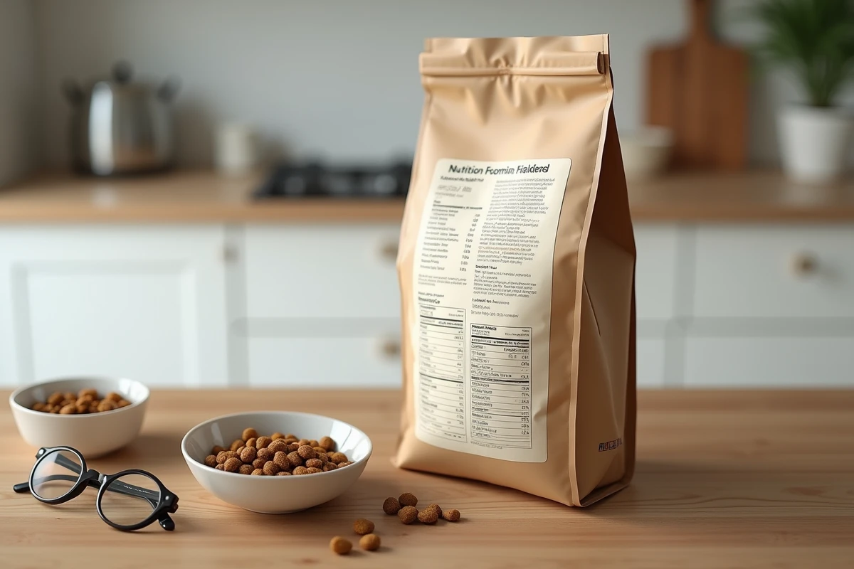 Étiquette nutritionnelle d'un sac de croquettes Leclerc posée sur une table en bois avec un bol de croquettes et des lunettes de lecture