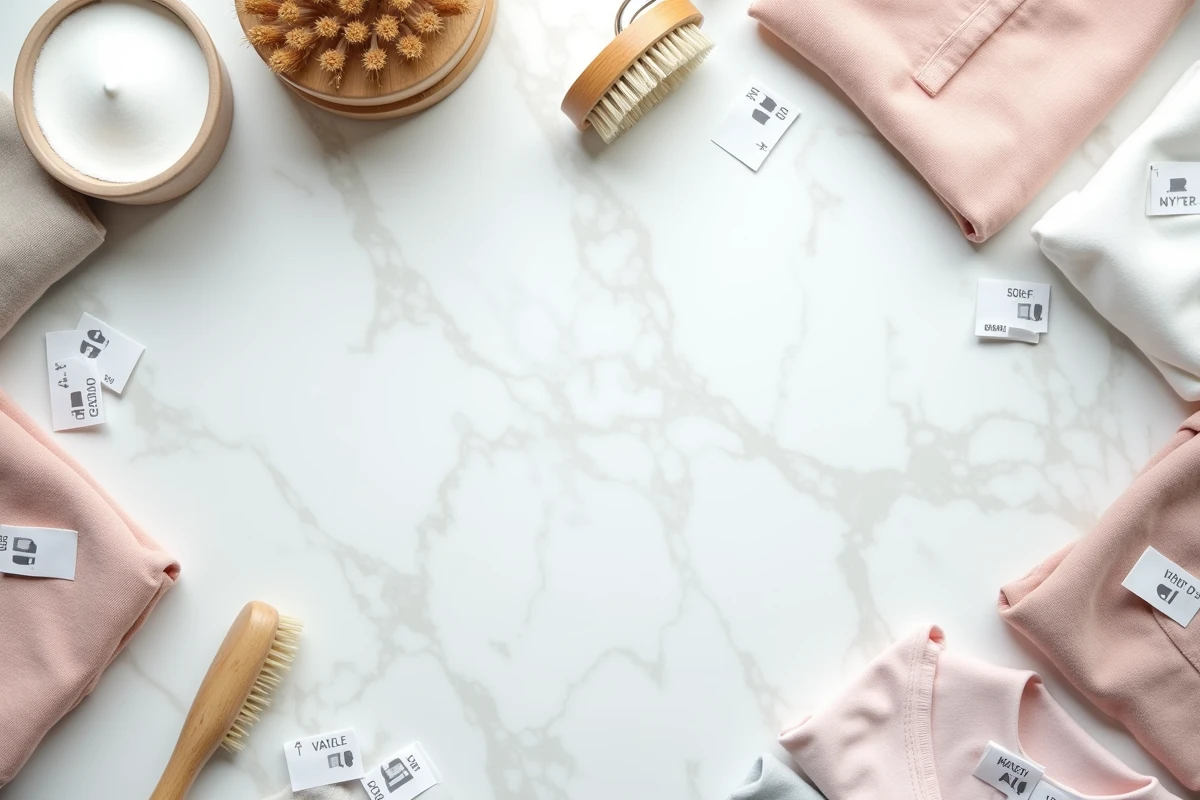 Vue aérienne d'étiquettes de vêtements avec symboles de lavage, repassage et séchage sur fond blanc