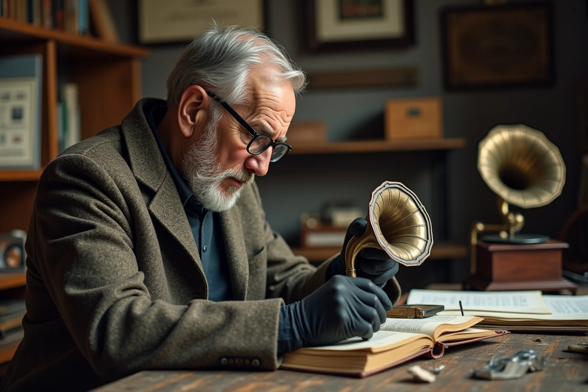 Expert en antiquités inspectant le mécanisme d'un gramophone vintage avec une loupe de joaillier