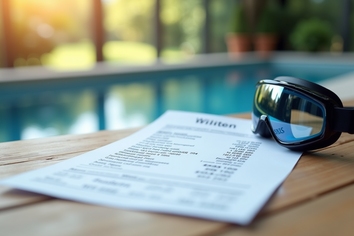 Facture d electricite avec outils de piscine et lunettes sur une table en bois