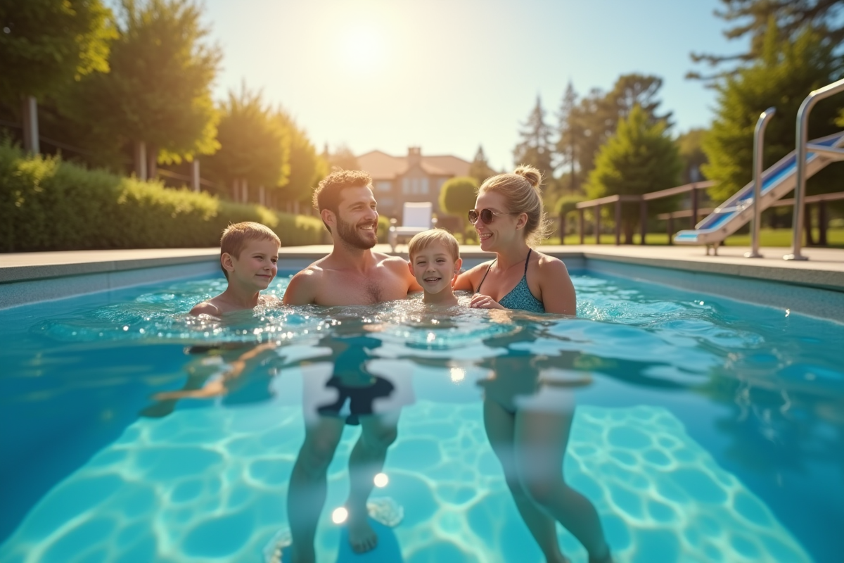 Famille nageant dans une piscine en journée avec système de chauffage visible
