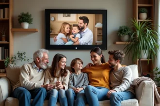 Famille nombreuse multigénérationnelle réunie autour d'un cadre photo connecté affiché au mur du salon