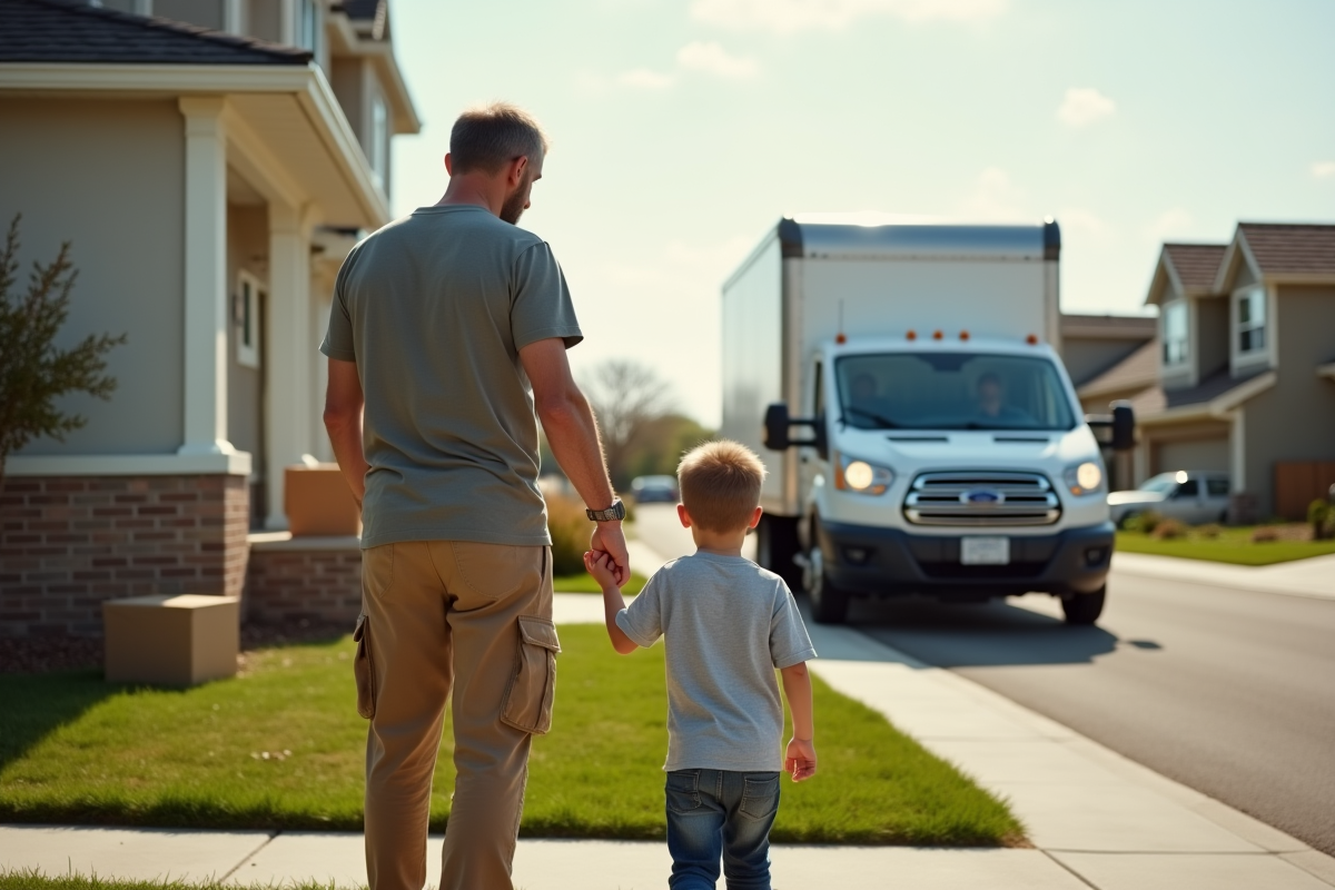 Pere et enfant devant leur nouvelle maison en déménagement