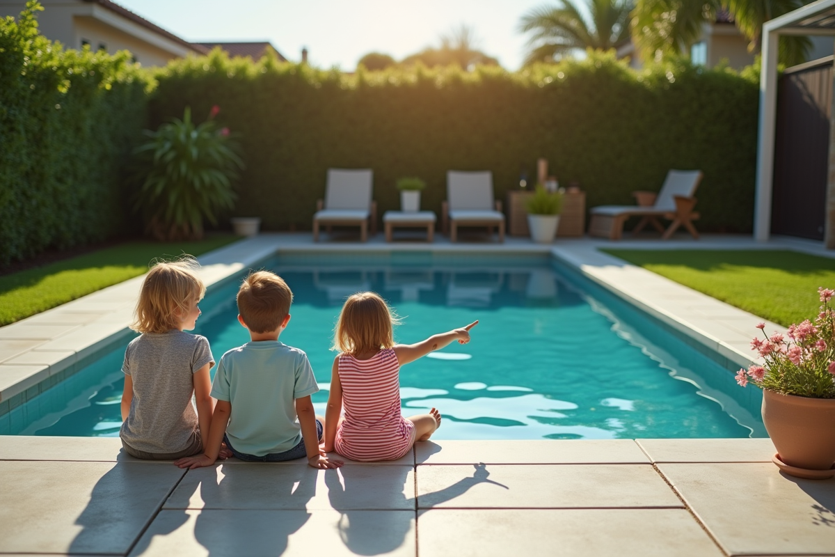 Famille avec enfants au bord de la piscine en été