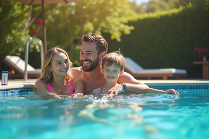 Famille profitant d'une piscine moderne en plein air