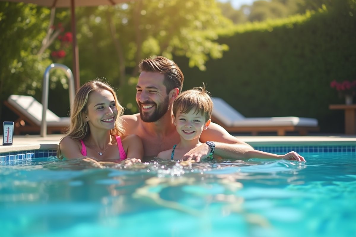 Famille profitant d'une piscine moderne en plein air