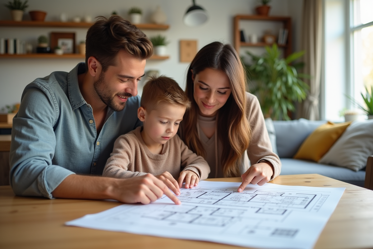 Famille autour d'un plan de maison dans un salon lumineux