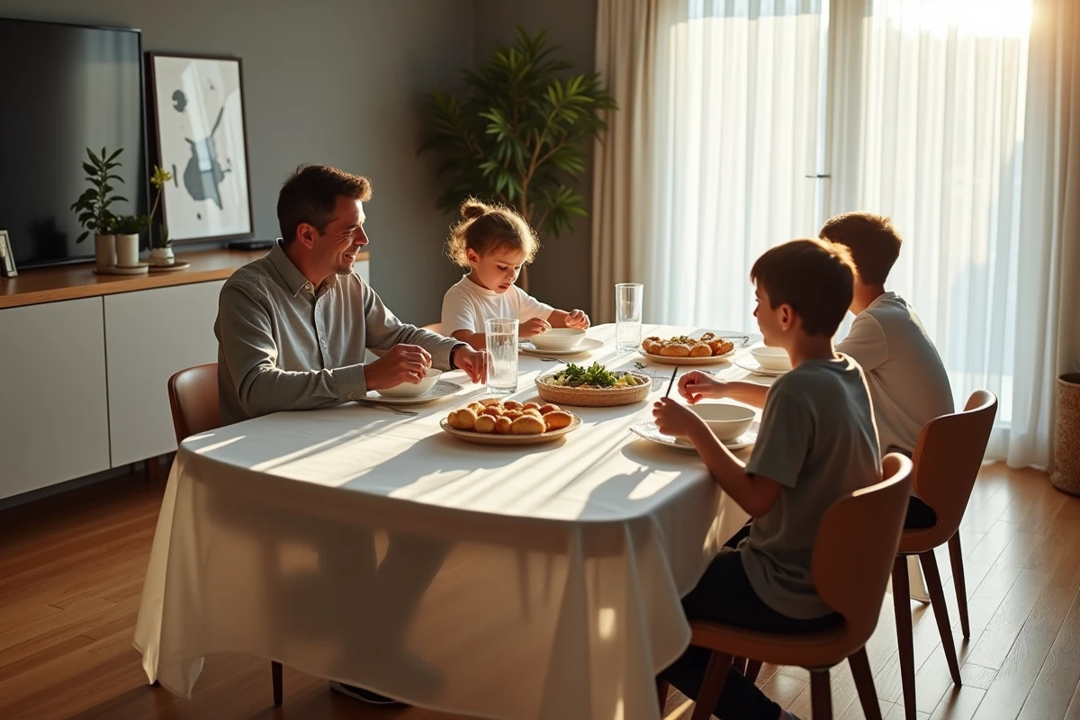 Famille attablée autour d'une grande table ovale recouverte d'une nappe transparente ignifugée sur mesure dans un séjour contemporain
