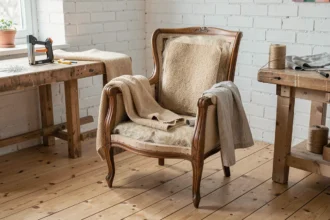 Fauteuil Voltaire en cours de rénovation dans un atelier style scandinave avec tissus bouclé et outils de tapissier