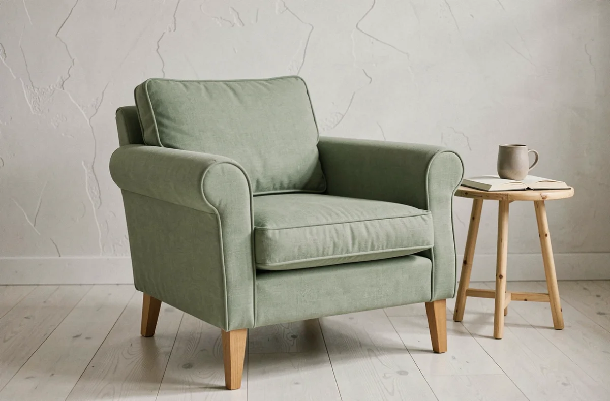 Fauteuil Voltaire rénové en lin vert sauge dans un salon scandinave minimaliste avec parquet en chêne blanchi