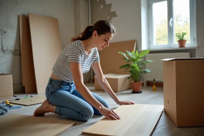 Femme en jeans assemble un meuble dans un appartement en r&eacute;novation