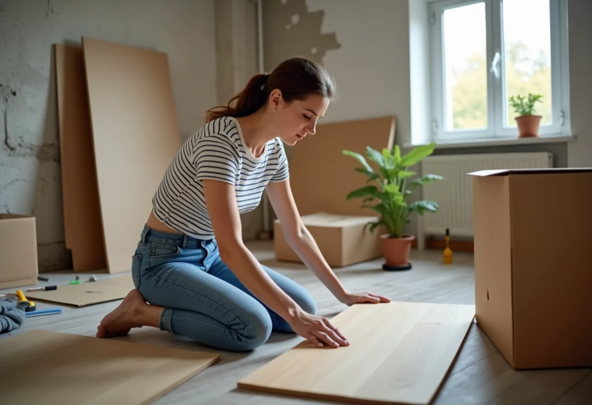 Femme en jeans assemble un meuble dans un appartement en rénovation