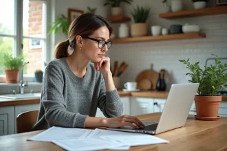 Femme consultant son contrat d'assurance habitation MACIF sur un ordinateur portable dans une cuisine moderne