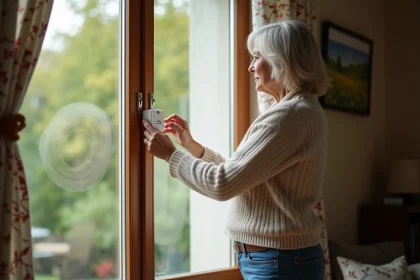 Femme posant un alarme de fenetre dans un interieur cosy