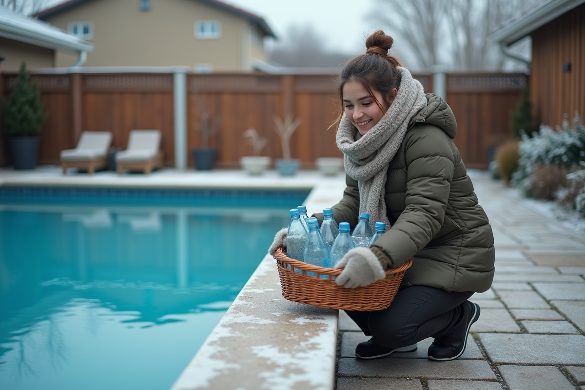 Jeune femme avec bouteilles en plastique près de la piscine