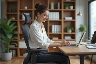 Jeune femme ajustant sa chaise ergonomique au bureau