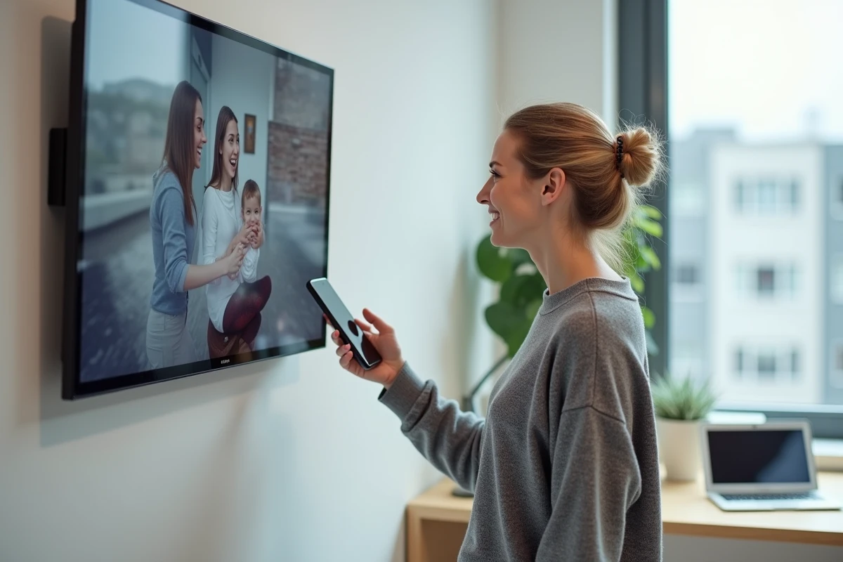 Femme utilisant un smartphone pour configurer un cadre photo numérique connecté en wifi monté au mur