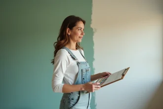 Femme calculant son budget peinture dans un salon en cours de rénovation avec des échantillons de couleurs et un presse-papiers