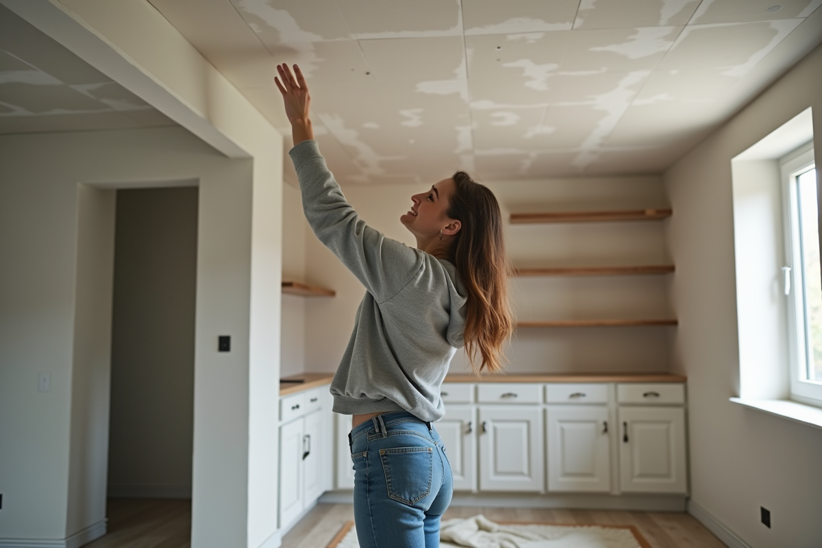 Jeune femme touchant un plafond de sous-sol fini et peint