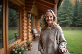 Femme souriante devant un chalet en automne