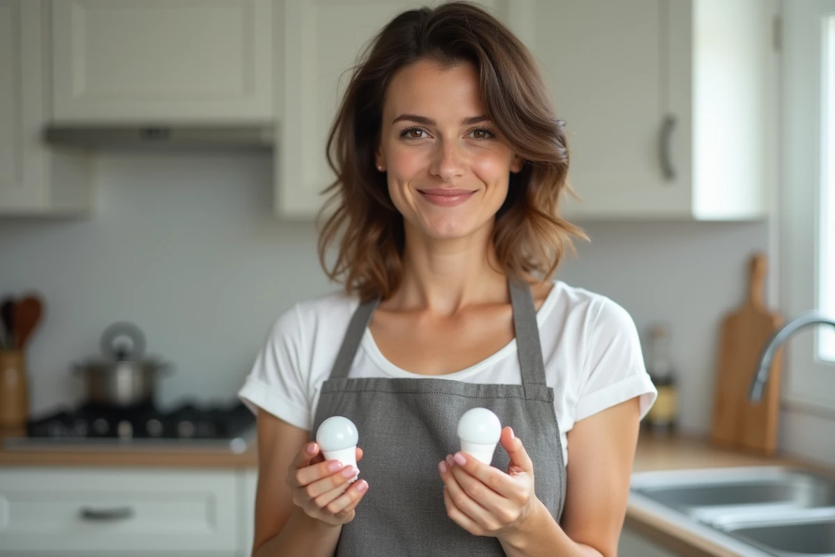 Femme comparant deux petites ampoules LED dans une cuisine moderne, choisissant entre ampoule blanc chaud et blanc froid pour son foyer