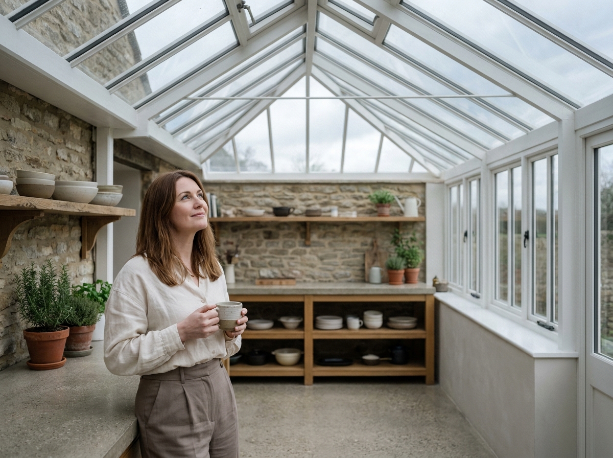 Femme dans une extension de maison de campagne sous une verrière à structure blanche avec murs en pierre apparente, sol en béton poli et étagères en chêne