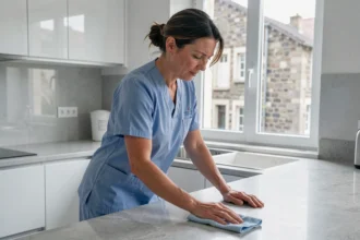 Femme de ménage professionnelle nettoyant un plan de travail dans une cuisine moderne d'un appartement à Clermont-Ferrand