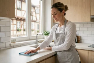 Femme de ménage professionnelle essuyant un plan de travail dans une cuisine moderne à Schiltigheim