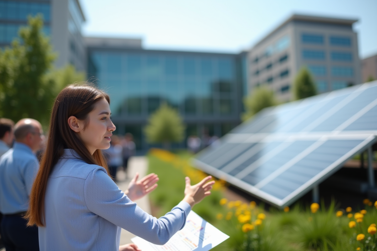 Jeune femme expliquant une installation solaire lors d une demonstration