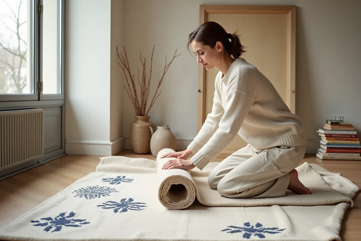 Femme déroule un grand tapis japonisant en coton et jute aux motifs sashiko marine dans un appartement haussmannien lumineux
