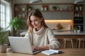 Femme utilisant un logiciel de design intérieur sur son ordinateur